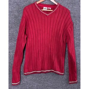 VTG Sears Mens Red Ribbed V Neck Sweater R&R Size M Cotton Blend